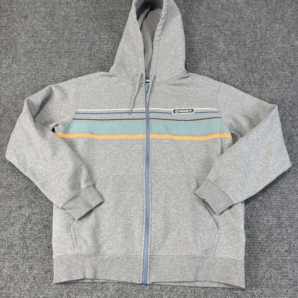 Hooey Hoodie Mens Large Gray Full Zip Striped Fleece Sweatshirt Pockets Logo